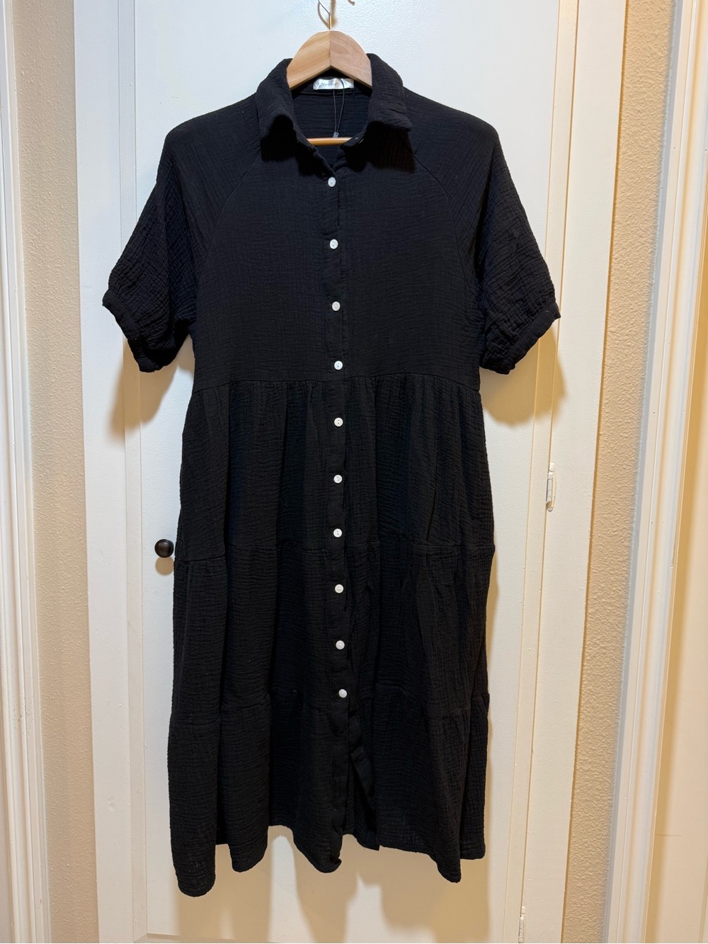 Black Button-Front Midi Dress with Short Sleeves